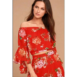 Lulus Red Floral Off The Shoulder Bell Sleeve Crop Top Size Large NWT